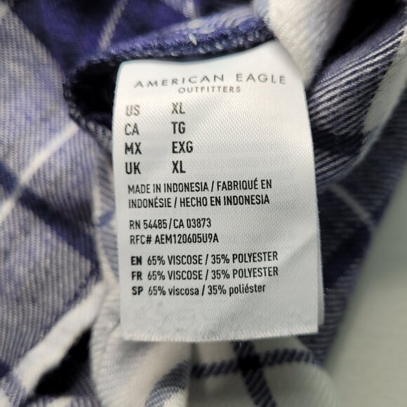 American Eagle Plaid Flannel Button-Up Shirt  Blue White Boyfriend Fit XLarge - Picture 7 of 10